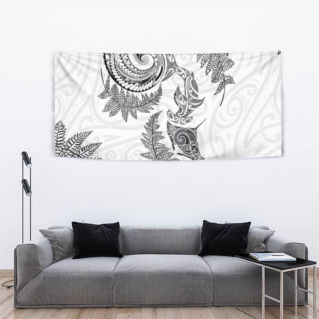New Zealand Sea Animals with Maori Tribal Tattoo Tapestry Shark Manta Ray with Silver Fern White