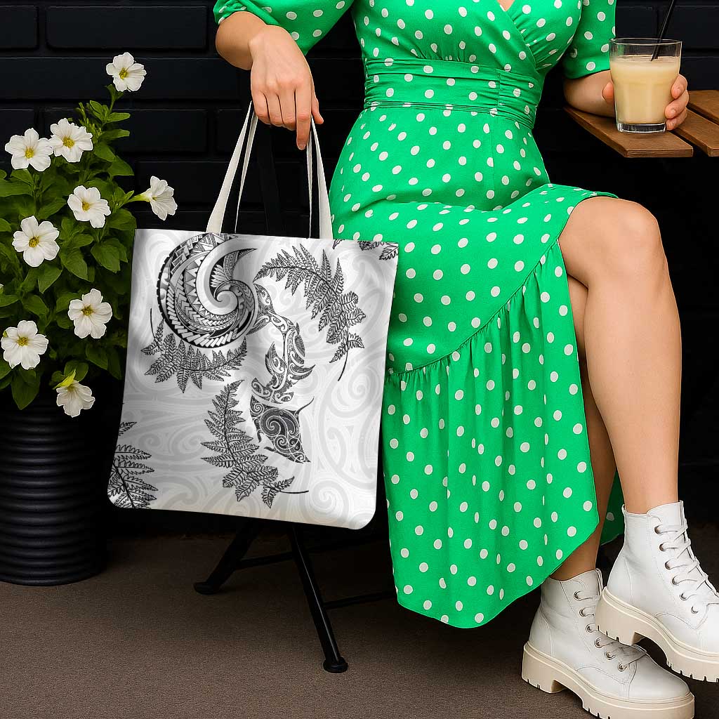New Zealand Sea Animals with Maori Tribal Tattoo Tote Bag Shark Manta Ray with Silver Fern White