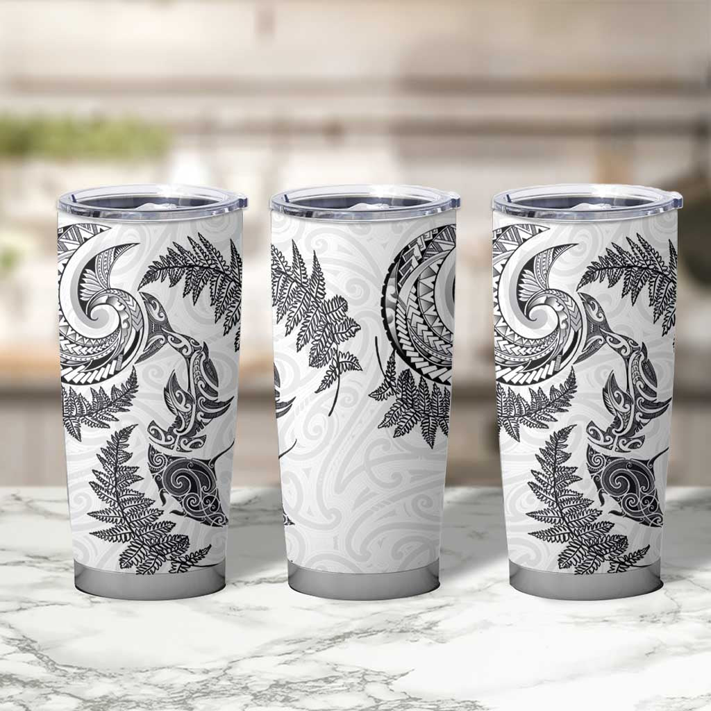 New Zealand Sea Animals with Maori Tribal Tattoo Tumbler Cup Shark Manta Ray with Silver Fern White