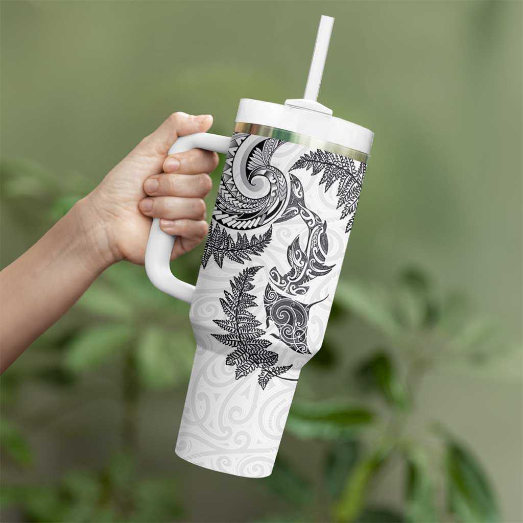 New Zealand Sea Animals with Maori Tribal Tattoo Tumbler With Handle Shark Manta Ray with Silver Fern White