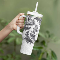 New Zealand Sea Animals with Maori Tribal Tattoo Tumbler With Handle Shark Manta Ray with Silver Fern White