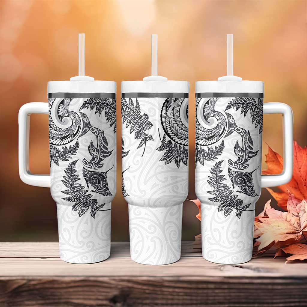New Zealand Sea Animals with Maori Tribal Tattoo Tumbler With Handle Shark Manta Ray with Silver Fern White