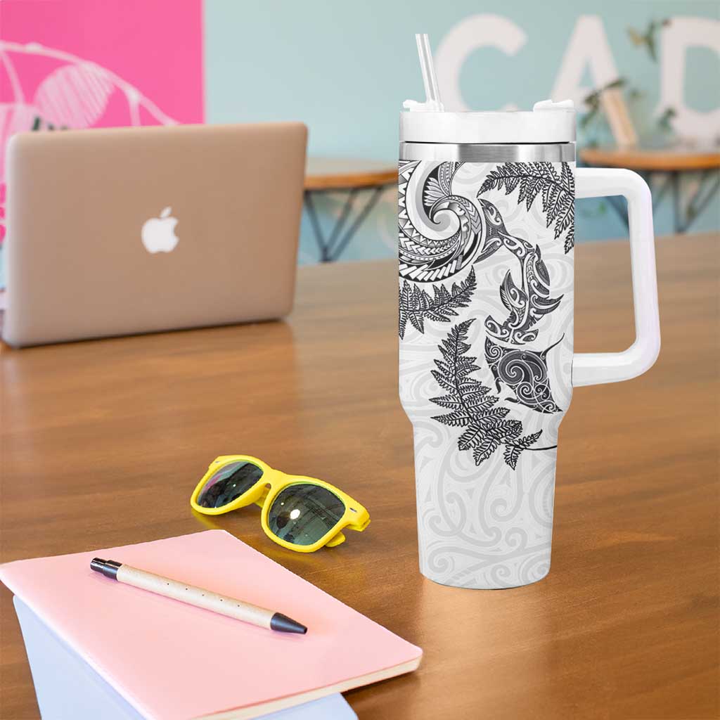 New Zealand Sea Animals with Maori Tribal Tattoo Tumbler With Handle Shark Manta Ray with Silver Fern White