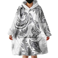 New Zealand Sea Animals with Maori Tribal Tattoo Wearable Blanket Hoodie Shark Manta Ray with Silver Fern White