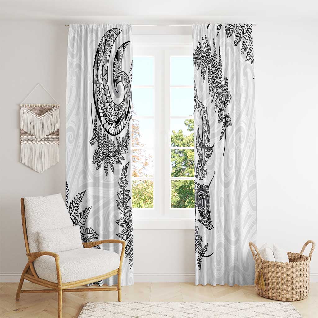 New Zealand Sea Animals with Maori Tribal Tattoo Window Curtain Shark Manta Ray with Silver Fern White