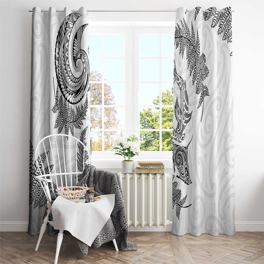 New Zealand Sea Animals with Maori Tribal Tattoo Window Curtain Shark Manta Ray with Silver Fern White