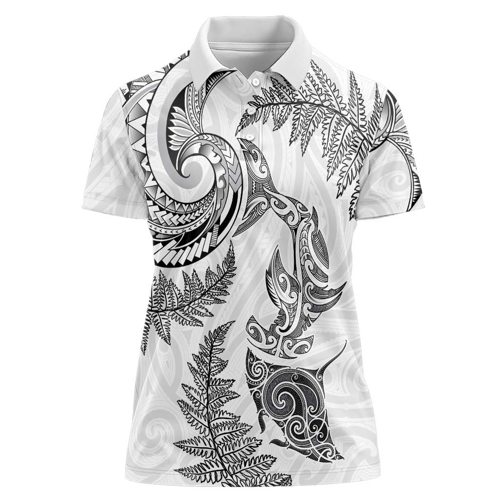 New Zealand Sea Animals with Maori Tribal Tattoo Women Polo Shirt Shark Manta Ray with Silver Fern White LT03 Female White - Polynesian Pride
