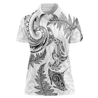 New Zealand Sea Animals with Maori Tribal Tattoo Women Polo Shirt Shark Manta Ray with Silver Fern White LT03 Female White - Polynesian Pride