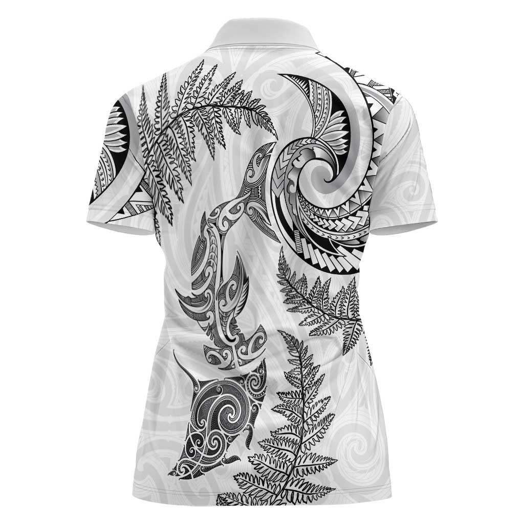 New Zealand Sea Animals with Maori Tribal Tattoo Women Polo Shirt Shark Manta Ray with Silver Fern White LT03 - Polynesian Pride