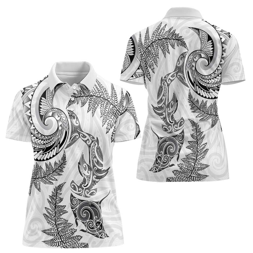New Zealand Sea Animals with Maori Tribal Tattoo Women Polo Shirt Shark Manta Ray with Silver Fern White LT03 - Polynesian Pride
