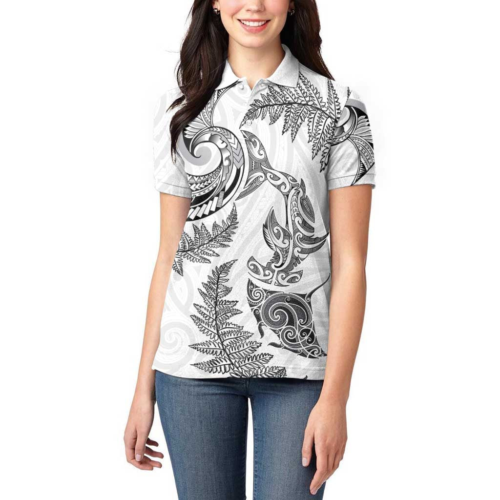 New Zealand Sea Animals with Maori Tribal Tattoo Women Polo Shirt Shark Manta Ray with Silver Fern White LT03 - Polynesian Pride