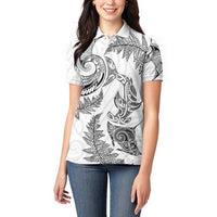 New Zealand Sea Animals with Maori Tribal Tattoo Women Polo Shirt Shark Manta Ray with Silver Fern White LT03 - Polynesian Pride