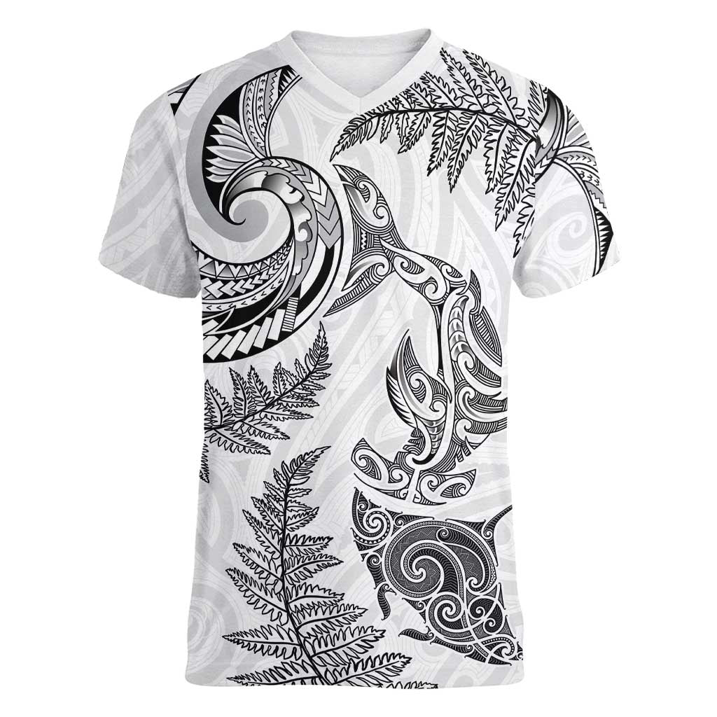 New Zealand Sea Animals with Maori Tribal Tattoo Women V-Neck T-Shirt Shark Manta Ray with Silver Fern White LT03 Female White - Polynesian Pride