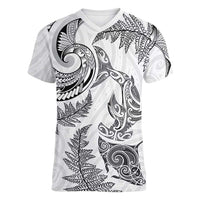 New Zealand Sea Animals with Maori Tribal Tattoo Women V-Neck T-Shirt Shark Manta Ray with Silver Fern White LT03 Female White - Polynesian Pride