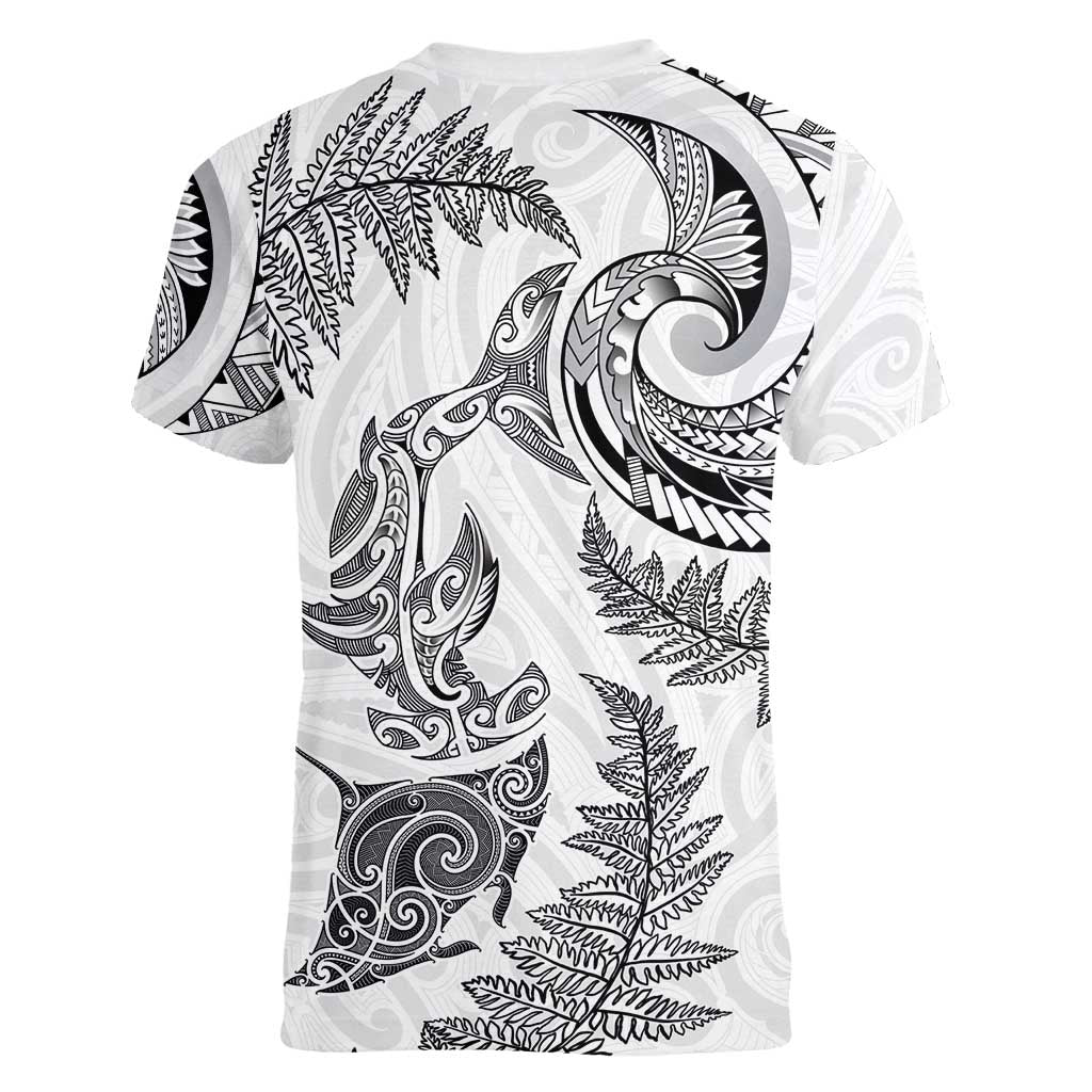 New Zealand Sea Animals with Maori Tribal Tattoo Women V-Neck T-Shirt Shark Manta Ray with Silver Fern White LT03 - Polynesian Pride