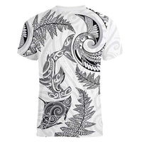 New Zealand Sea Animals with Maori Tribal Tattoo Women V-Neck T-Shirt Shark Manta Ray with Silver Fern White LT03 - Polynesian Pride