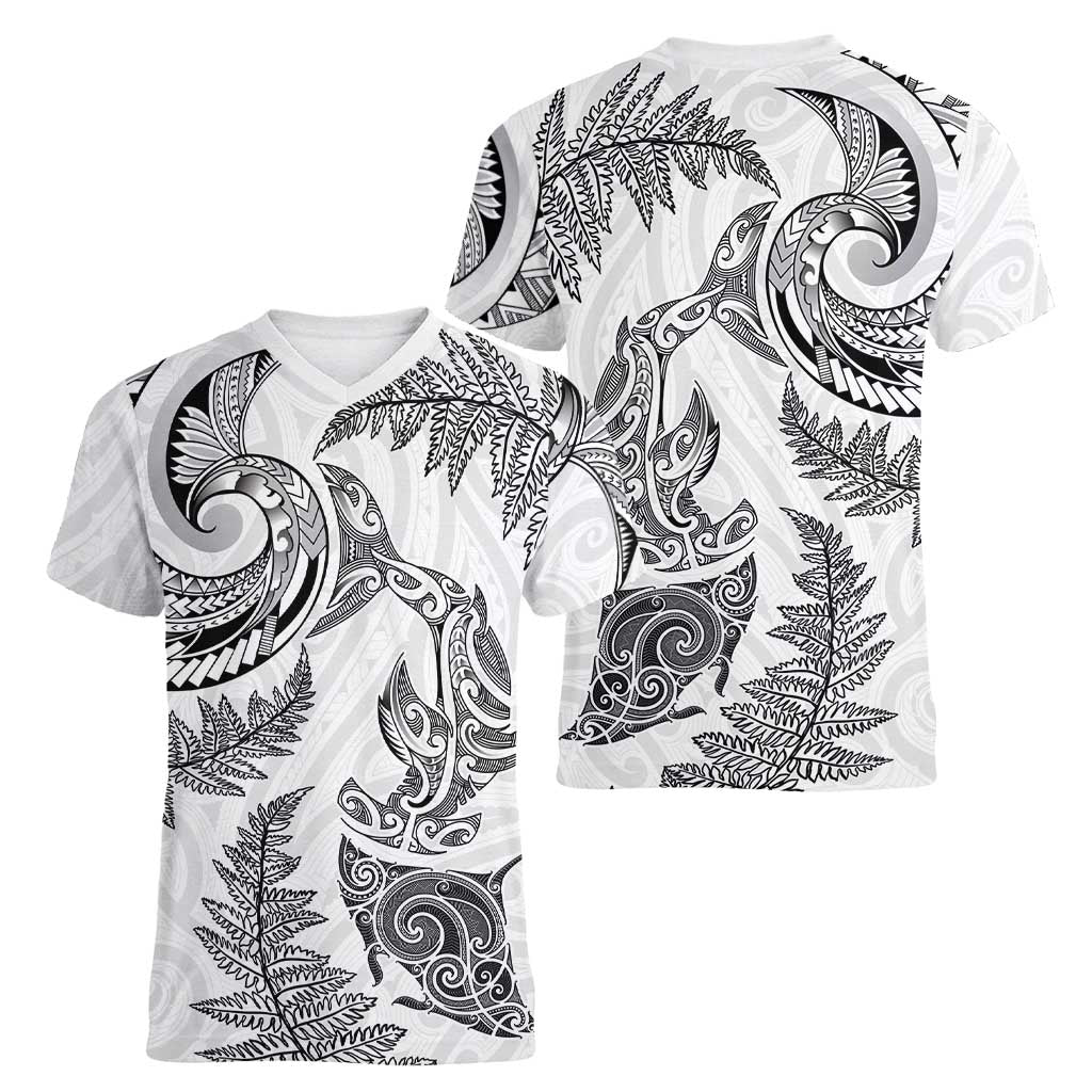 New Zealand Sea Animals with Maori Tribal Tattoo Women V-Neck T-Shirt Shark Manta Ray with Silver Fern White LT03 - Polynesian Pride