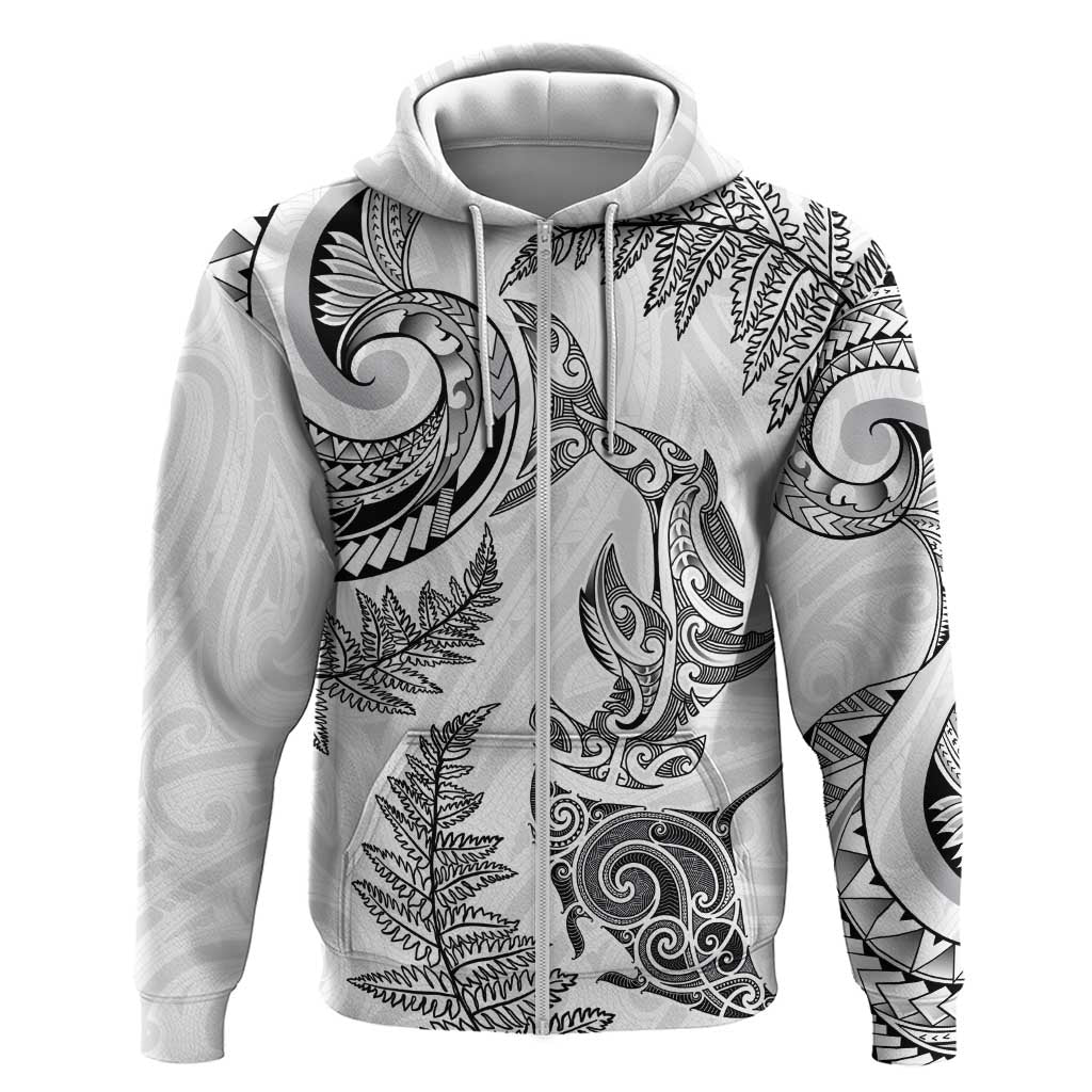 New Zealand Sea Animals with Maori Tribal Tattoo Zip Hoodie Shark Manta Ray with Silver Fern White LT03 Zip Hoodie White - Polynesian Pride