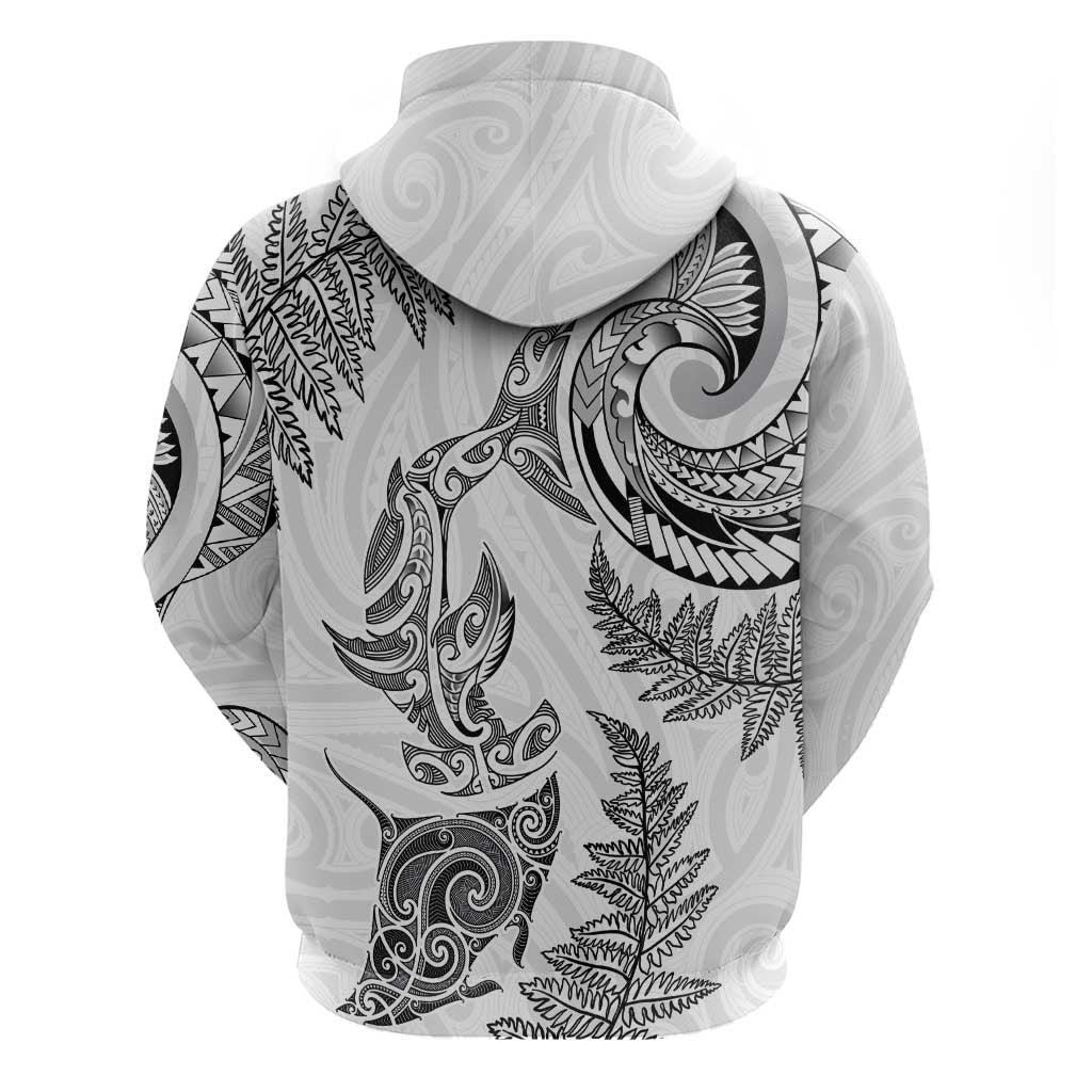 New Zealand Sea Animals with Maori Tribal Tattoo Zip Hoodie Shark Manta Ray with Silver Fern White LT03 - Polynesian Pride