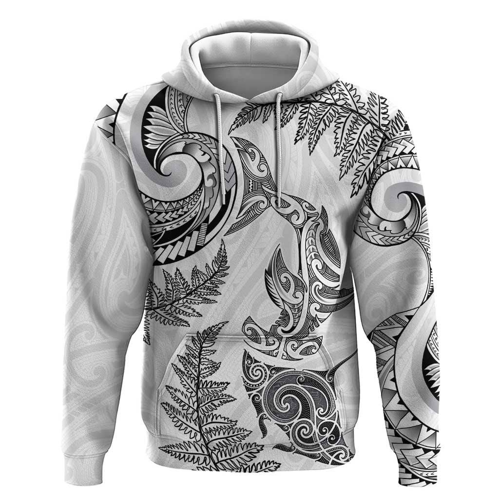 New Zealand Sea Animals with Maori Tribal Tattoo Zip Hoodie Shark Manta Ray with Silver Fern White LT03 Pullover Hoodie White - Polynesian Pride