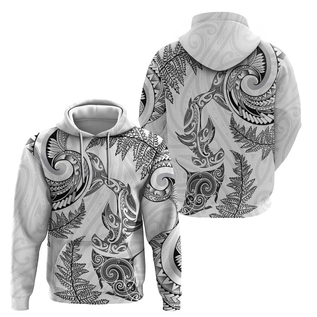 New Zealand Sea Animals with Maori Tribal Tattoo Zip Hoodie Shark Manta Ray with Silver Fern White LT03 - Polynesian Pride