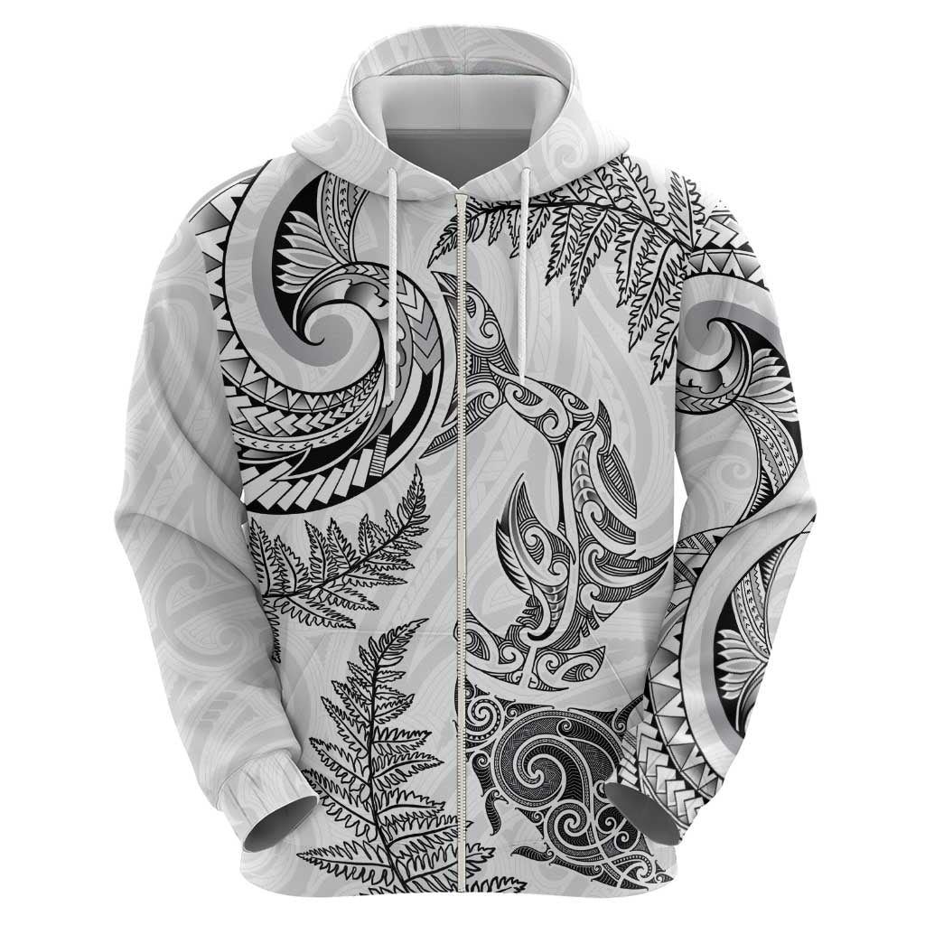 New Zealand Sea Animals with Maori Tribal Tattoo Zip Hoodie Shark Manta Ray with Silver Fern White LT03 - Polynesian Pride