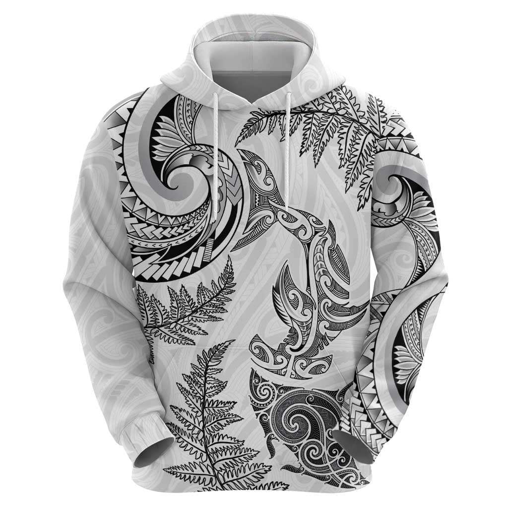New Zealand Sea Animals with Maori Tribal Tattoo Zip Hoodie Shark Manta Ray with Silver Fern White LT03 - Polynesian Pride