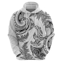 New Zealand Sea Animals with Maori Tribal Tattoo Zip Hoodie Shark Manta Ray with Silver Fern White LT03 - Polynesian Pride