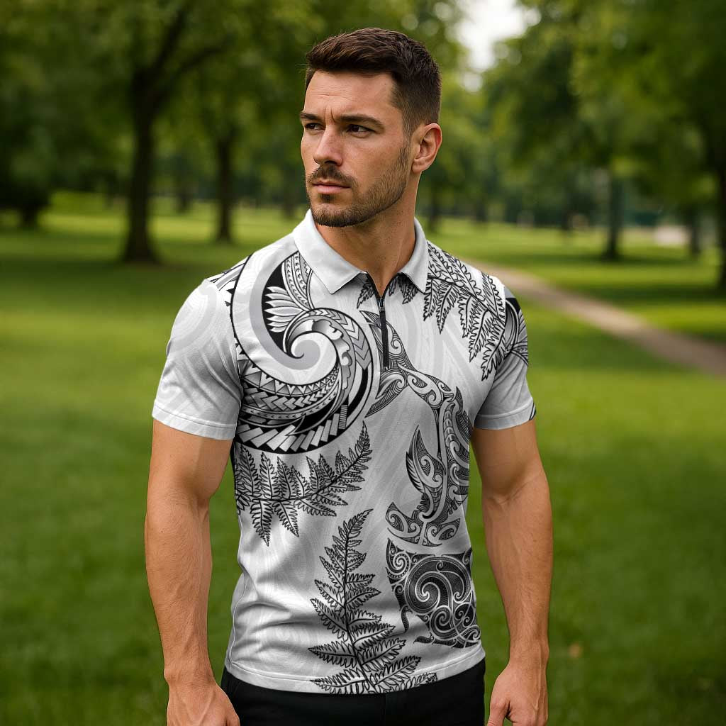 New Zealand Sea Animals with Maori Tribal Tattoo Zipper Polo Shirt Shark Manta Ray with Silver Fern White