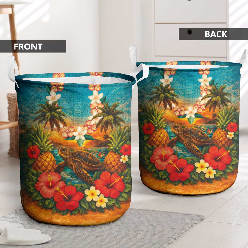 Hawaiian Turtles on Beach Laundry Basket with Pineapple Tropical Plant and Lei