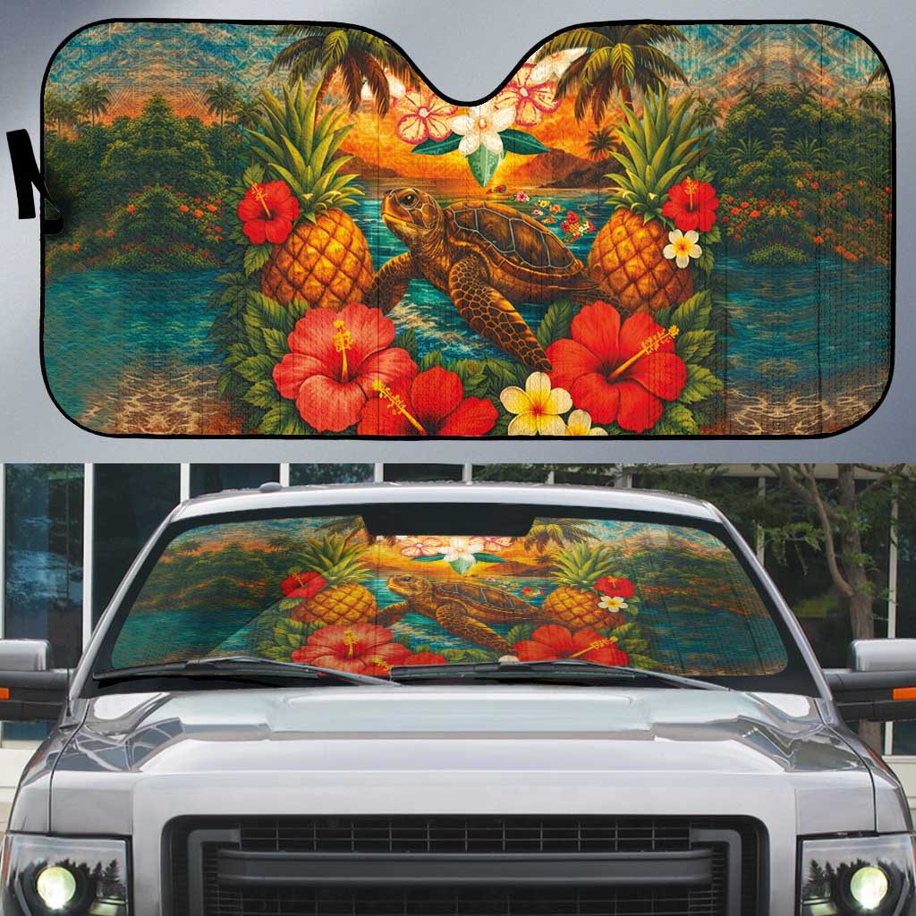 Hawaiian Turtles on Beach Auto Sun Shade with Pineapple Tropical Plant and Lei