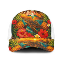 Hawaiian Turtles on Beach Baseball Net Cap with Pineapple Tropical Plant and Lei