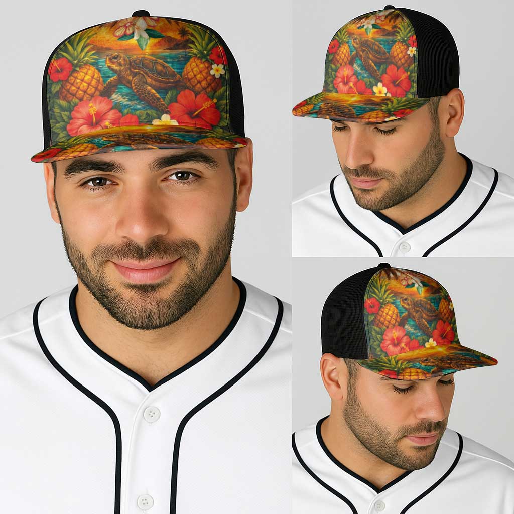 Hawaiian Turtles on Beach Baseball Net Cap with Pineapple Tropical Plant and Lei