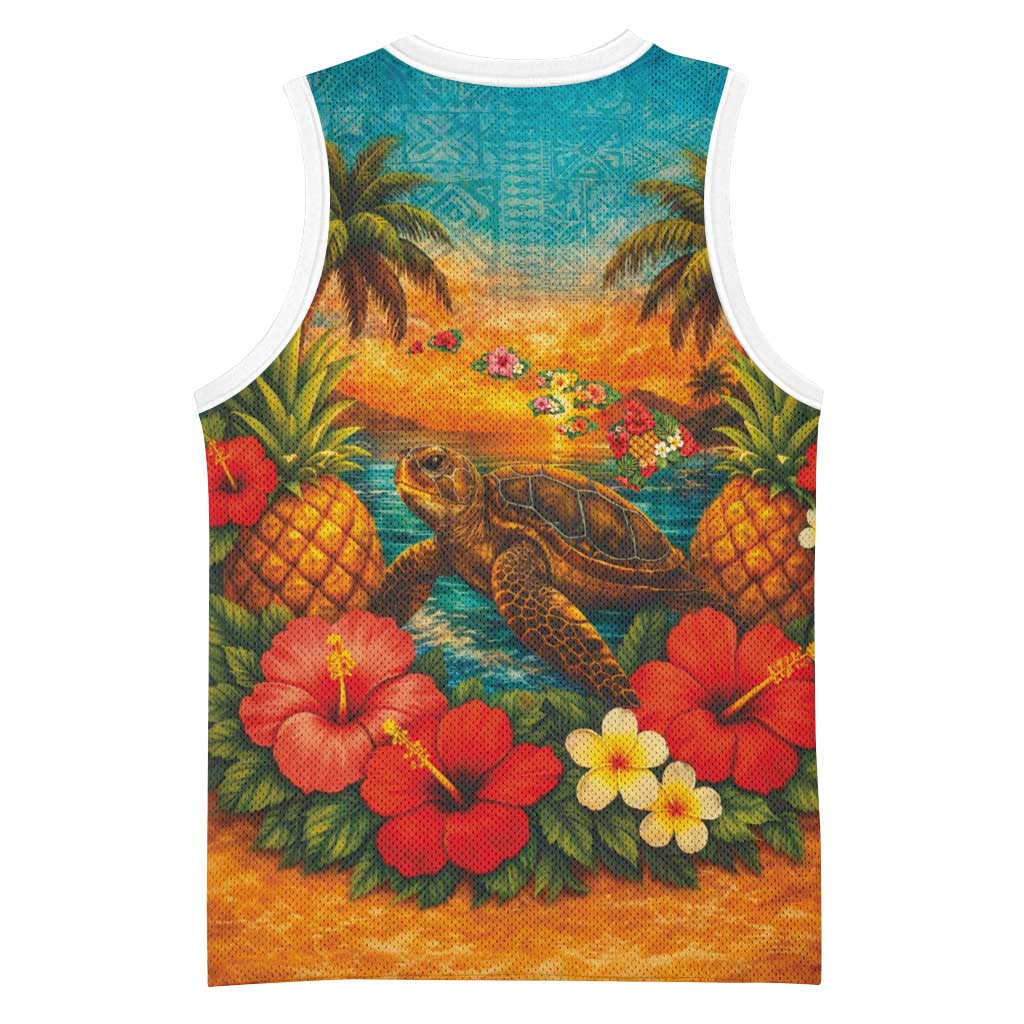 Hawaiian Turtles on Beach Basketball Jersey with Pineapple Tropical Plant and Lei