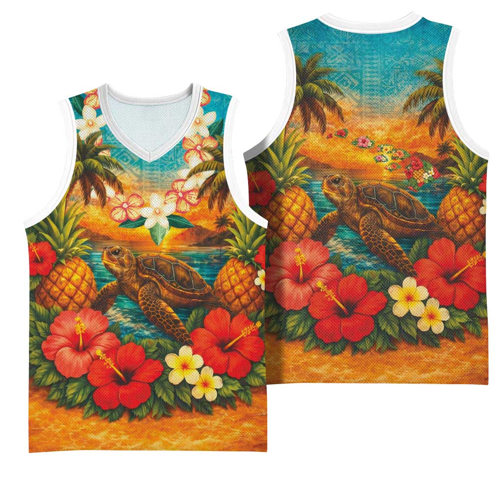 Hawaiian Turtles on Beach Basketball Jersey with Pineapple Tropical Plant and Lei