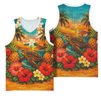 Hawaiian Turtles on Beach Basketball Jersey with Pineapple Tropical Plant and Lei