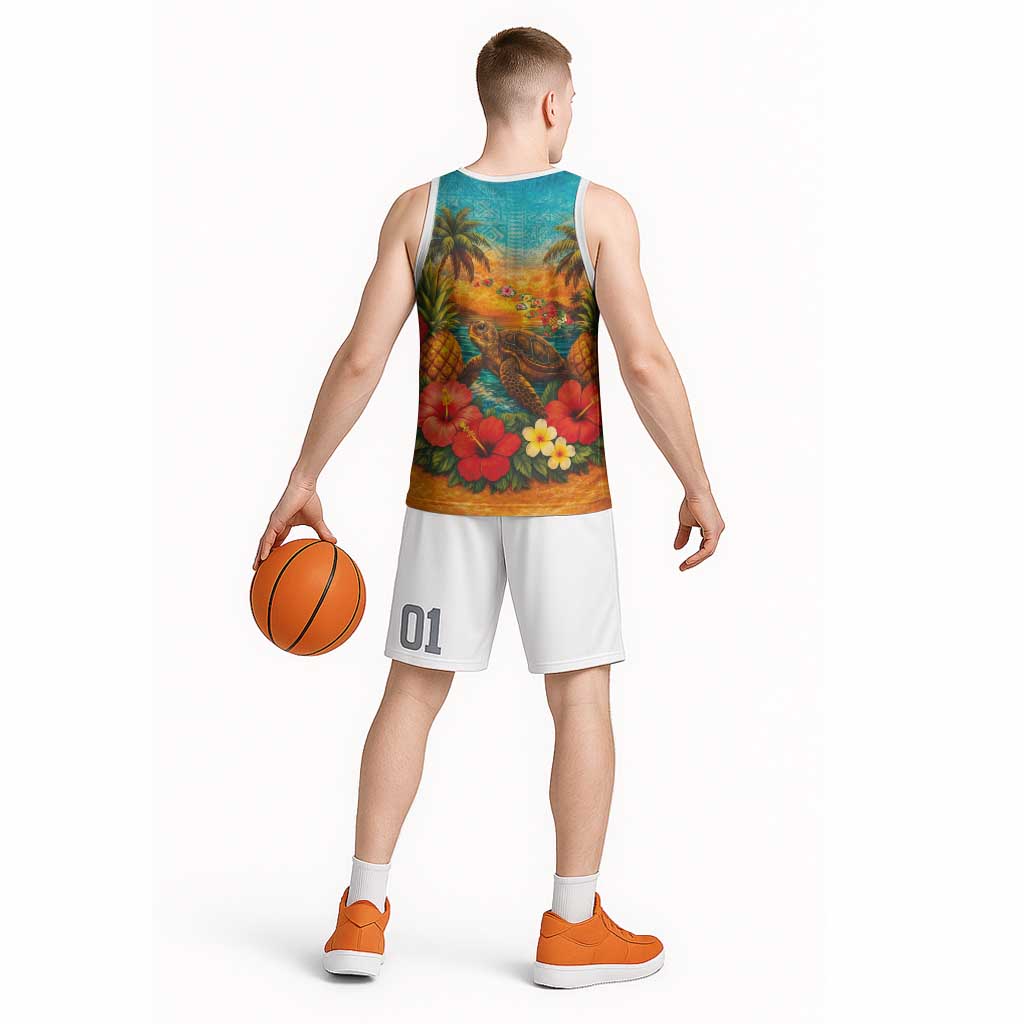 Hawaiian Turtles on Beach Basketball Jersey with Pineapple Tropical Plant and Lei
