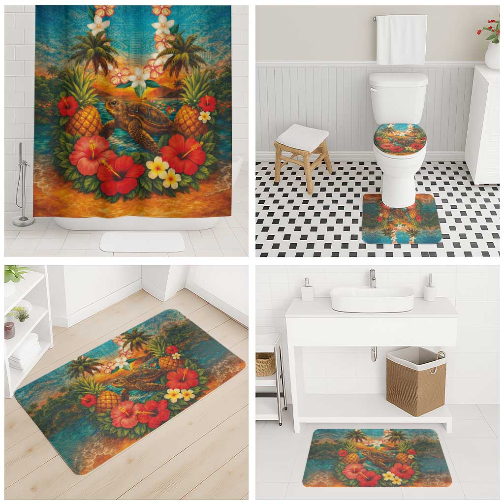 Hawaiian Turtles on Beach Bathroom Set with Pineapple Tropical Plant and Lei