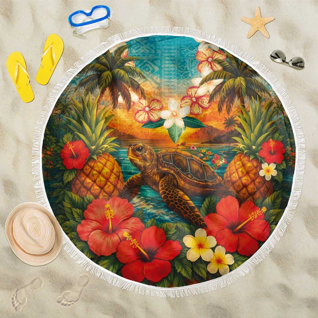 Hawaiian Turtles on Beach Beach Blanket with Pineapple Tropical Plant and Lei