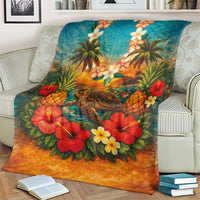 Hawaiian Turtles on Beach Blanket with Pineapple Tropical Plant and Lei