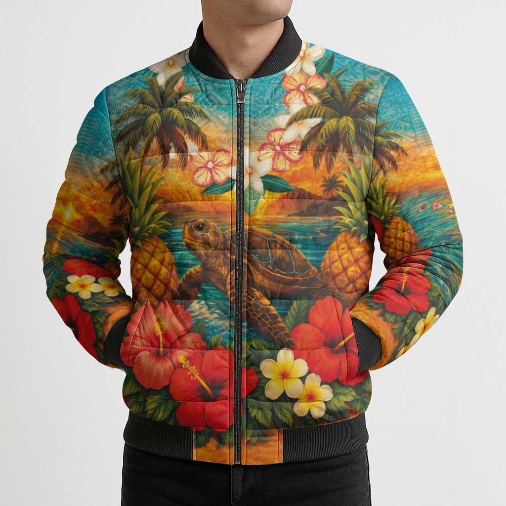 Hawaiian Turtles on Beach Bomber Puffer Jacket with Pineapple Tropical Plant and Lei