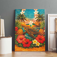 Hawaiian Turtles on Beach Canvas Wall Art with Pineapple Tropical Plant and Lei