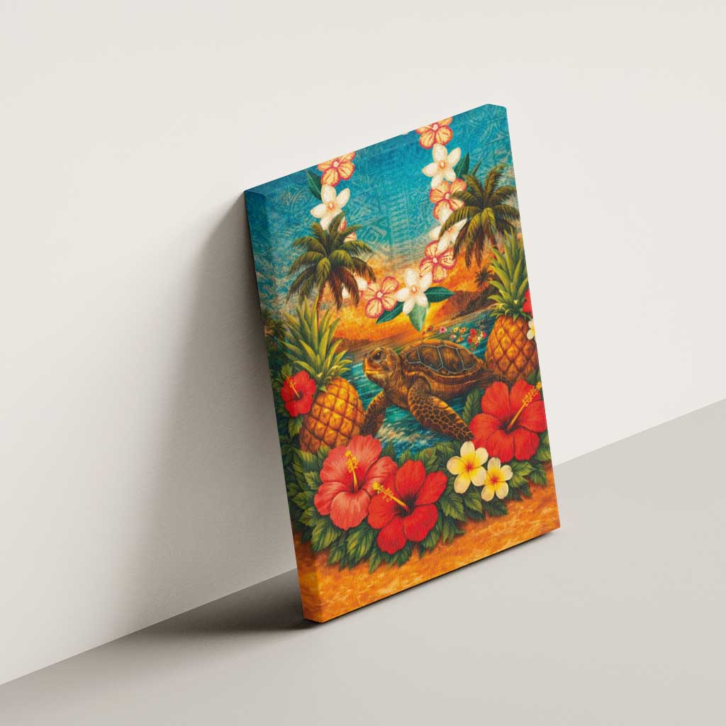 Hawaiian Turtles on Beach Canvas Wall Art with Pineapple Tropical Plant and Lei