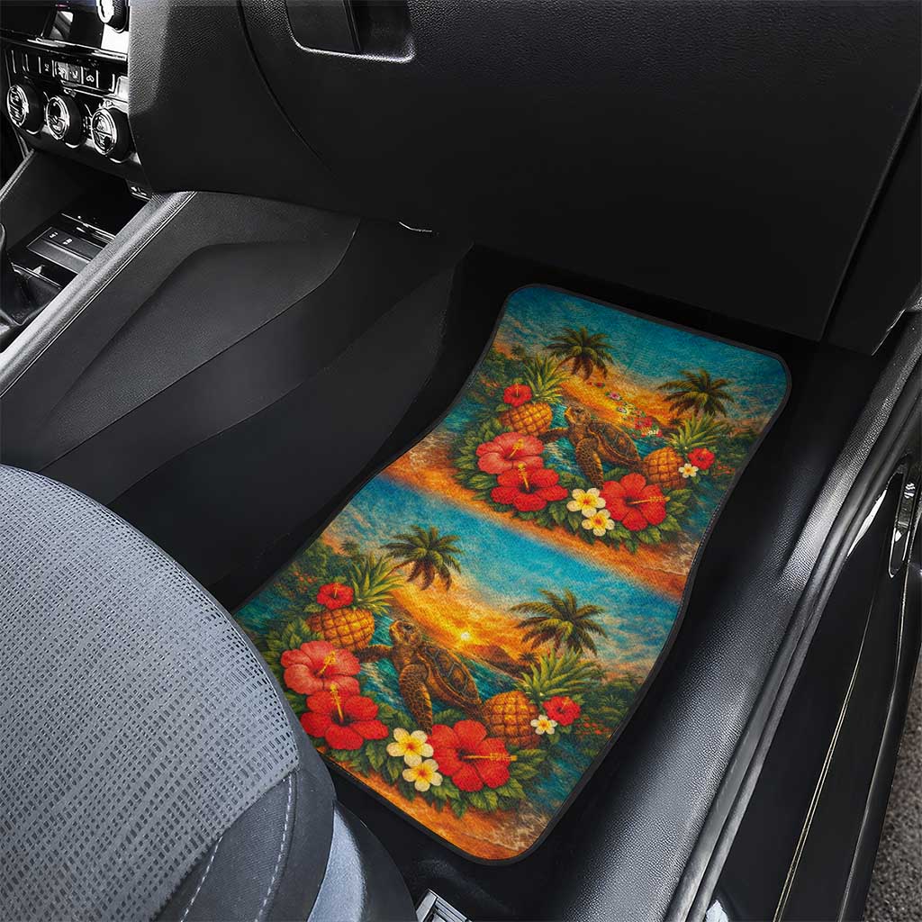 Hawaiian Turtles on Beach Car Mats with Pineapple Tropical Plant and Lei