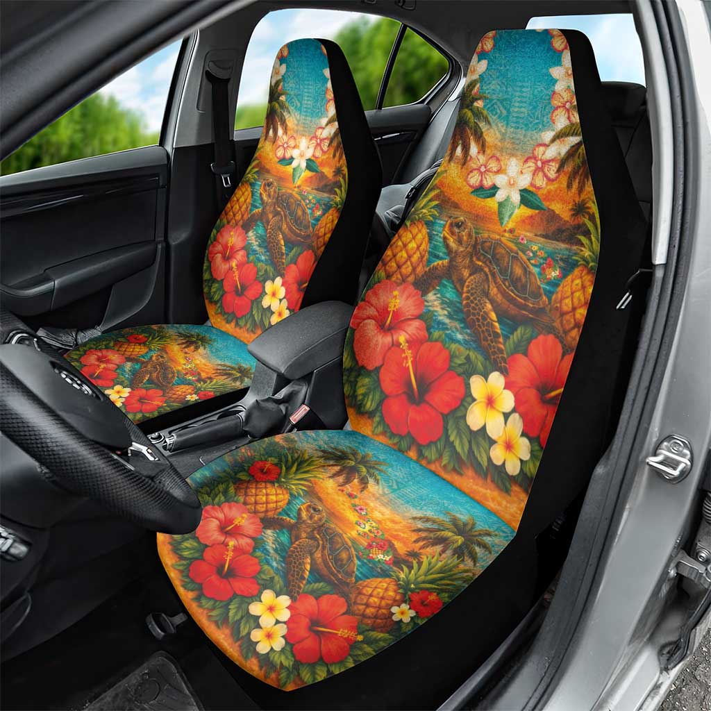 Hawaiian Turtles on Beach Car Seat Cover with Pineapple Tropical Plant and Lei