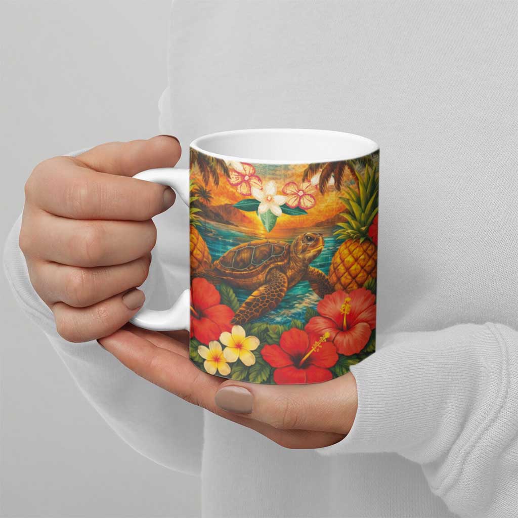 Hawaiian Turtles on Beach Ceramic Mug with Pineapple Tropical Plant and Lei