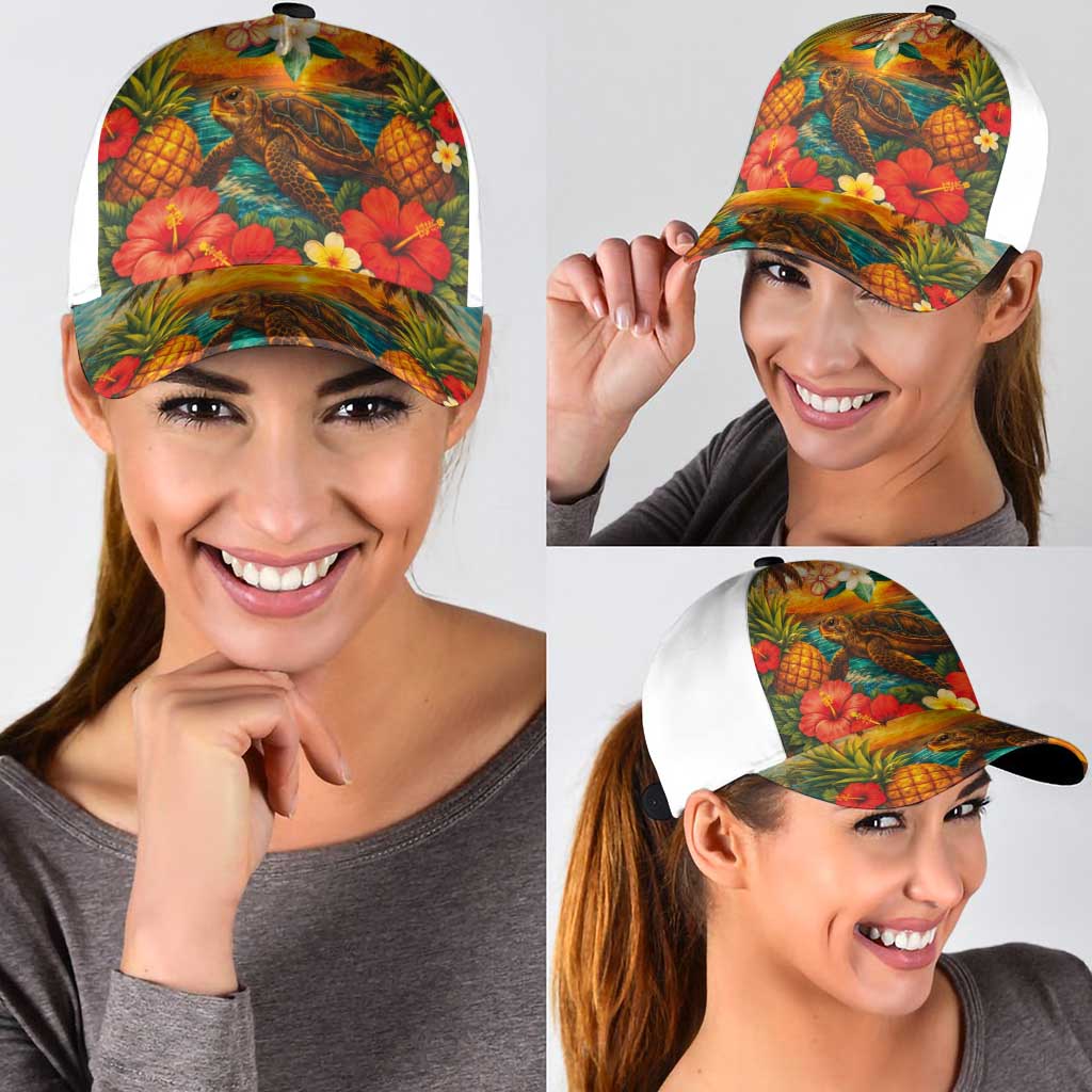 Hawaiian Turtles on Beach Classic Cap with Pineapple Tropical Plant and Lei