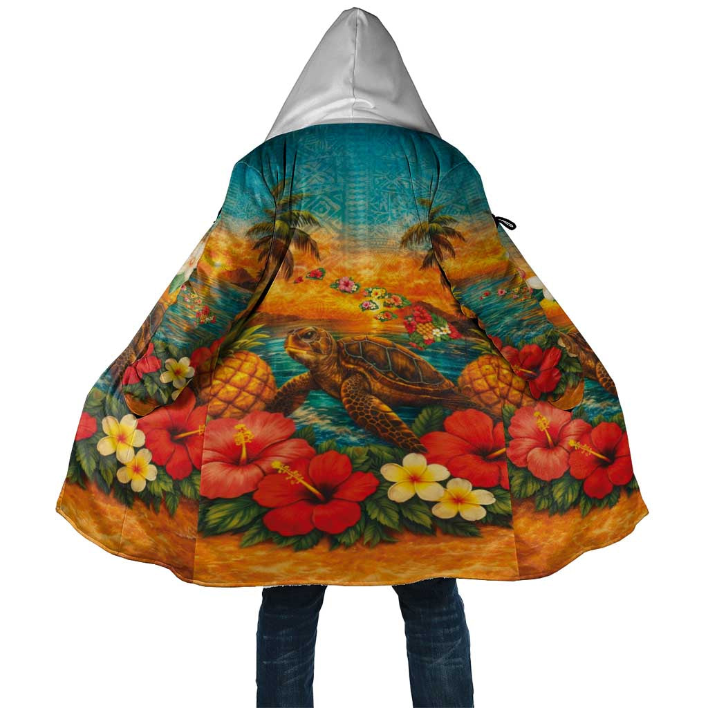Hawaiian Turtles on Beach Cloak with Pineapple Tropical Plant and Lei