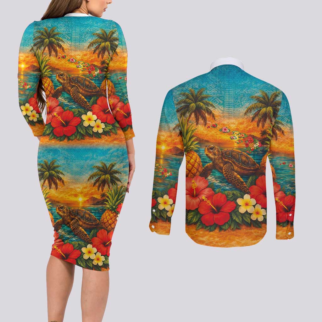 Hawaiian Turtles on Beach Couples Matching Long Sleeve Bodycon Dress and Long Sleeve Button Shirt with Pineapple Tropical Plant and Lei