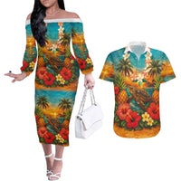 Hawaiian Turtles on Beach Couples Matching Off The Shoulder Long Sleeve Dress and Hawaiian Shirt with Pineapple Tropical Plant and Lei